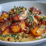 A close-up of Curried Celeriac simmering in a skillet, topped with toasted cashews and a lime wedge.