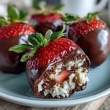 Decadent Dubai-style strawberry truffles with dark chocolate shell, rosewater aroma, and cardamom spice.