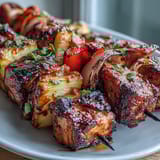 Tropical Grilled Pineapple Chicken Skewers featuring tender marinated chicken and caramelized pineapple chunks, perfect for summer cookouts.  