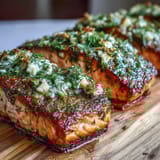 Tender Cedar Plank Salmon with Garlic Dill, smoky and herb-infused, served with fresh dill and citrus garnish.  