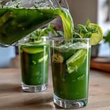 Refreshing cucumber mint agua fresca with lime, ice cubes, and cucumber ribbons, perfect for a healthy summer detox drink.  