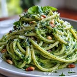 Velvety avocado pesto coats al dente spaghetti, garnished with pine nuts and lemon zest for a vibrant Italian-inspired dinner.  