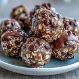Close-up of Snack-Sized Protein Balls with delightful peanut butter swirls.