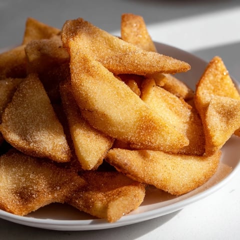 Warm, crispy cinnamon sugar tortilla chips, a sweet and satisfying dessert snack, ready to eat.