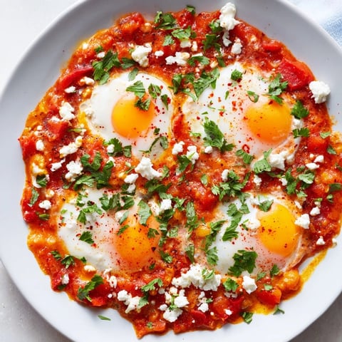 Israeli Shakshuka Eggs bubbling in a skillet, showcasing the rich tomato sauce and perfectly poached eggs.