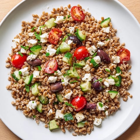 Juicy tomatoes, crisp cucumber, and briny Kalamata olives mingle with chewy farro in this vibrant Mediterranean salad, drizzled with a zesty lemon-oregano dressing.  
