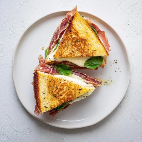 Golden sourdough slices stuffed with molten burrata and crispy prosciutto create a luxurious grilled cheese.