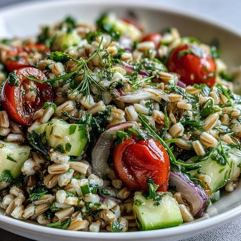 A close-up of Barley and Herb Salad with chewy pearl barley, bright green herbs, and cherry tomatoes glistening with lemon vinaigrette.