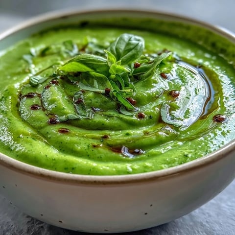 Creamy Courgette, Pea and Pesto Soup served hot in a rustic white bowl with a fresh basil garnish.