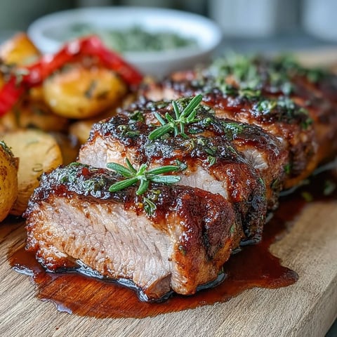 Golden-sliced Marinated Ibérico Pork Fillet with crispy roast potatoes and caramelized red peppers, plated for a Spanish-inspired dinner.