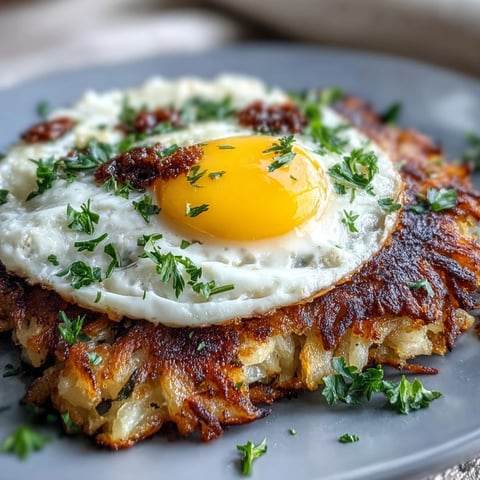 Golden-brown celeriac rösti topped with creamy harissa yogurt and a sunny fried egg, garnished with fresh parsley.