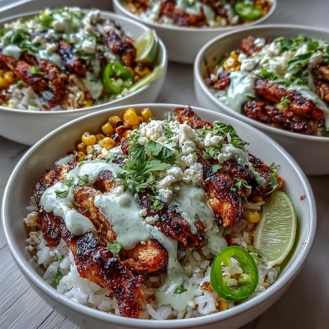 Brightly lit Street Corn Chicken and Rice Bowls topped with charred corn, crumbled cotija, fresh cilantro, and drizzled crema for a zesty Mexican-inspired dinner.