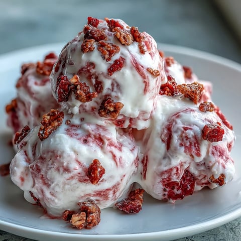 Frozen Strawberry & Banana Yoghurt Clusters on a tray with a creamy swirl and honey drizzle.
