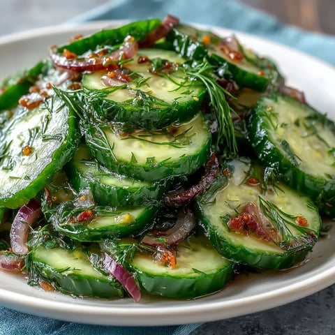 Refreshing Crunchy Cucumber Salad tossed with red onions and fresh dill in a tangy vinegar dressing.
