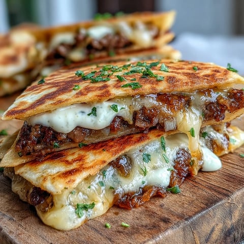 Cheesy Griddled Smashburger Quesadillas layered with golden onions and melted cheddar on a griddle.