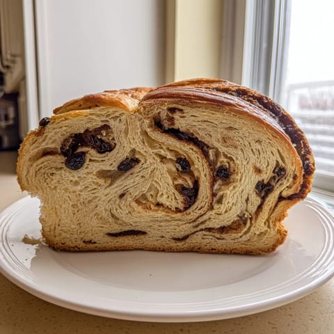 Freshly baked homemade cinnamon swirl raisin bread, ready to slice and enjoy warm from the oven.
