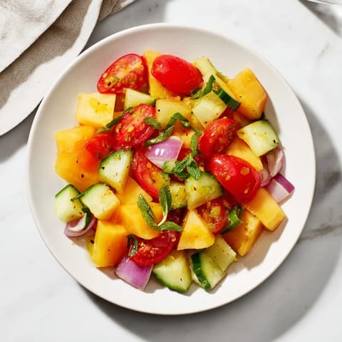 This Fresh Cucumber and Chickpea Salad showcases diced vegetables and hearty chickpeas drizzled with zesty lemon dressing.