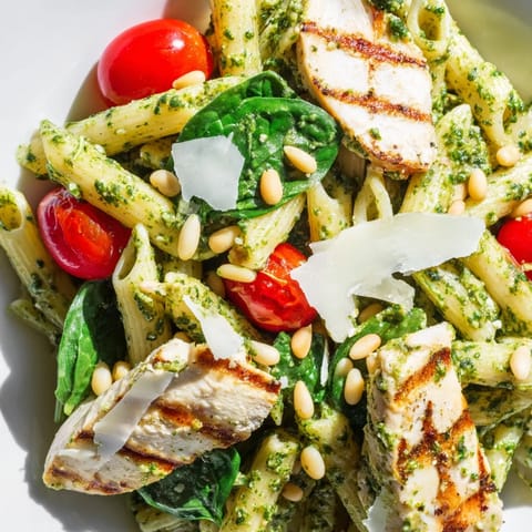 Savory Pesto Chicken Pasta served hot, garnished with fresh basil leaves and a generous dusting of Parmesan for a perfect weeknight Italian meal.  