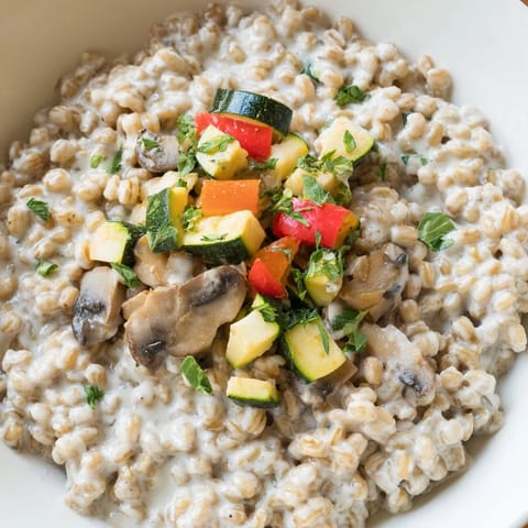 Pearled barley simmered in vegetable broth with cream, finished with golden roasted vegetables and fresh parsley garnish.