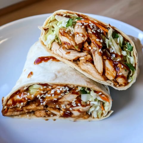A close-up view of a freshly rolled Teriyaki Chicken Wrap garnished with sesame seeds and cilantro.  