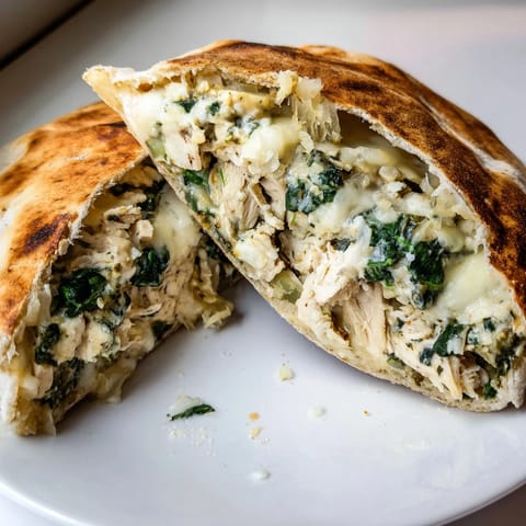 Golden-brown toasted pita pockets are stuffed with creamy spinach, artichokes, and tender chicken for a satisfying Mediterranean-inspired lunch.  