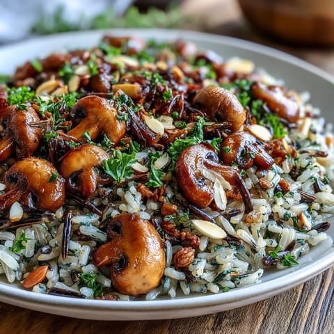 A bowl of Wild Rice and Mushroom Pilaf garnished with fresh parsley and slivered almonds, served warm as a hearty side dish.  