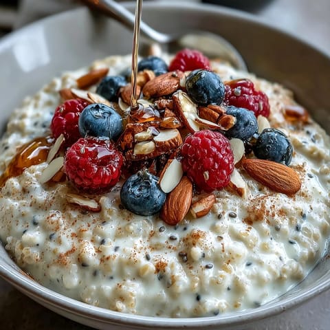 A bowl of spiced millet porridge topped with antioxidant-rich blueberries, raspberries, and strawberries on a sunny breakfast table.