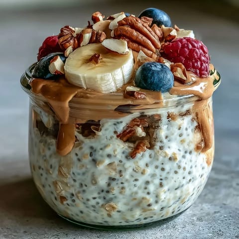 Overnight oats with chia seeds layered with Greek yogurt and nuts, ready to be enjoyed straight from the jar.