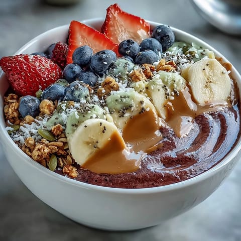 Vibrant Acai Berry Smoothie Bowl topped with fresh fruit, chia seeds, and coconut flakes for a healthy breakfast.