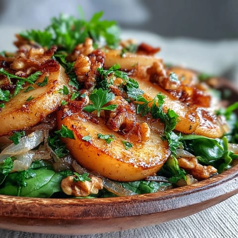 Steaming Warm Apple and Sauerkraut Skillet Salad with wilted greens and caramelized apples in a cast iron pan.