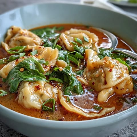 Quick Red Curry Wonton Soup with Greens garnished with fresh cilantro and lime wedges in a cozy kitchen.