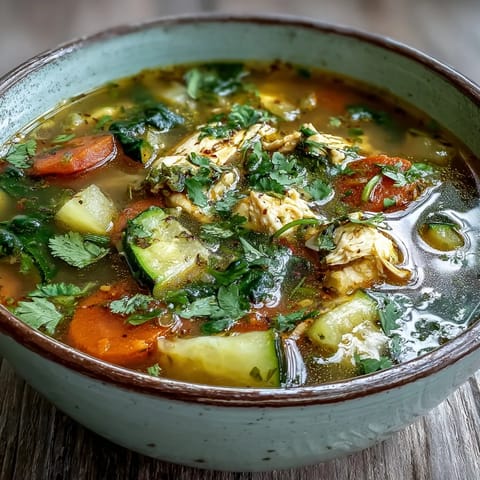 Hearty Turmeric Chicken Soup served with crusty bread for dipping and bright parsley garnish.  
