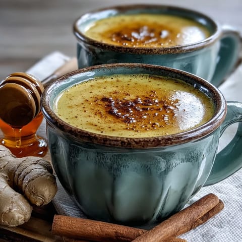 Freshly brewed Turmeric and Ginger Golden Milk, with swirling aromatic steam rising from a ceramic mug next to a honey dipper and fresh ginger root.