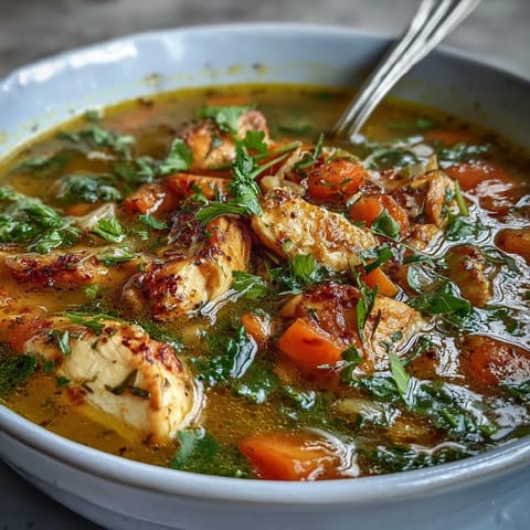 Steaming bowl of High Protein Lemon and Turmeric Chicken Soup, garnished with fresh lemon wedges and a sprinkle of turmeric.