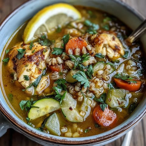 A close-up of Soothing Turmeric Chicken With Pearl Barley, featuring tender chicken, diced carrots, and golden turmeric broth.  