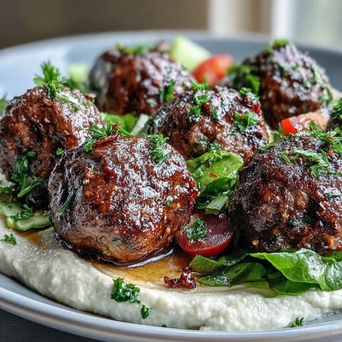 A close-up of spiced venison meatballs, fresh salad, and smooth hummus, arranged artfully on a white plate.
