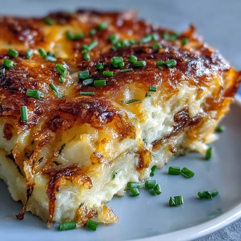 Sliced portion of cheesy potato pie revealing soft onions and melted cheese, ready for a comforting dinner.