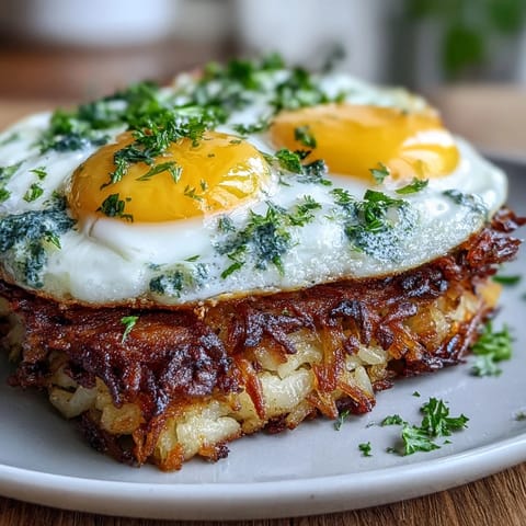 A plate of crispy celeriac rösti, swirled with spicy harissa yogurt and served alongside a perfectly fried egg.