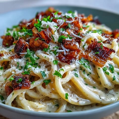Creamy celeriac carbonara topped with extra Parmesan beside a glass of white wine.