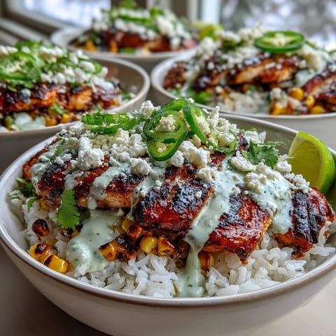 Hearty Street Corn Chicken and Rice Bowls served with juicy lime-marinated chicken thighs, fluffy rice, smoky corn, and a creamy sauce in a vibrant bowl.