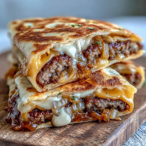 Golden Cheesy Griddled Smashburger Quesadillas cut into wedges served with pickles and sauce.