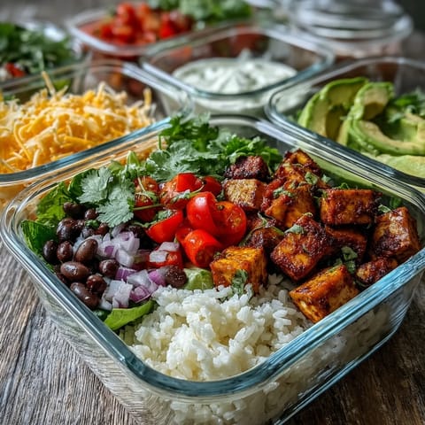 A vibrant deconstructed Burrito Bowl Base in a shallow white bowl, featuring fluffy rice, hearty black beans, sliced grilled chicken, diced avocado, and a drizzle of fresh salsa.