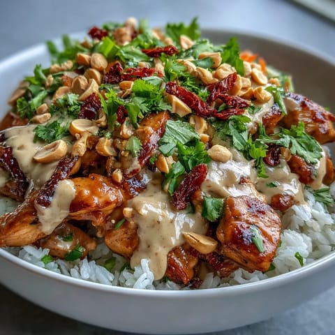 A close-up of succulent chicken over coconut rice, drizzled with Thai-inspired peanut sauce and fresh cilantro garnish.