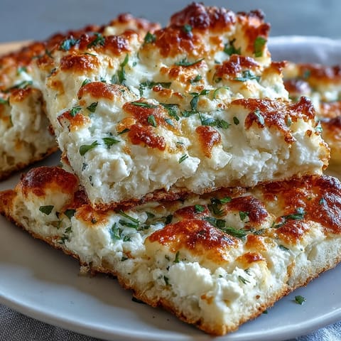 Golden-brown Fluffy Cottage Cheese Flatbread bubbling in a skillet with garlic and herbs.