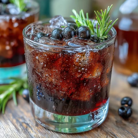 Deep purple Black Currant Rosemary Cocktail in a rocks glass, garnished with fresh black currants and a rosemary sprig over clear ice.