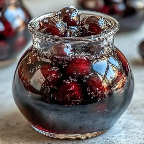 A glass bottle of homemade Blackcurrant Vodka Liqueur, filled with deep purple liquid, alongside fresh blackcurrants on a rustic table.