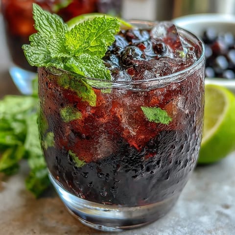 A tall glass of Black Currant Mojito filled with crushed ice, garnished with fresh mint and a lime wheel.