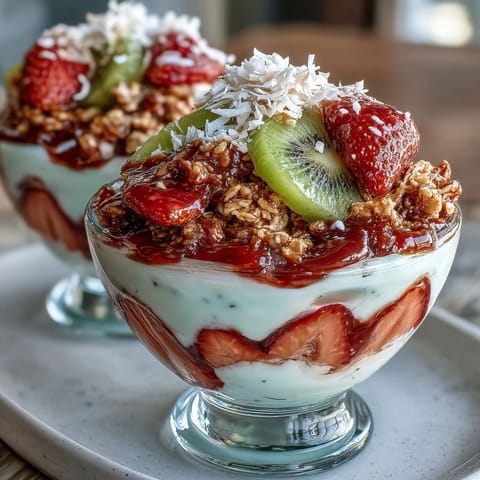 Creamy Greek yogurt layered with guava preserves in a glass, topped with sliced strawberries and crunchy granola.
