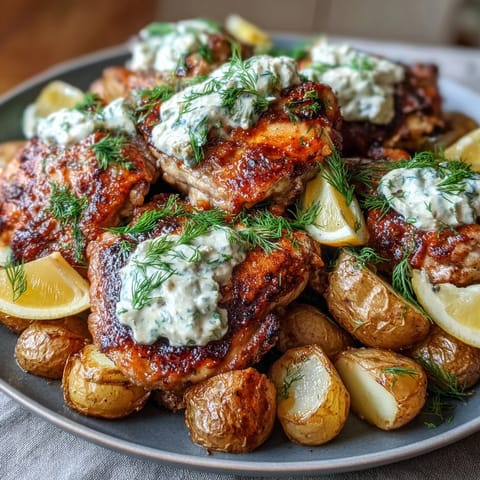 Juicy grilled chicken topped with creamy dill feta sauce and served with crunchy roasted potatoes.