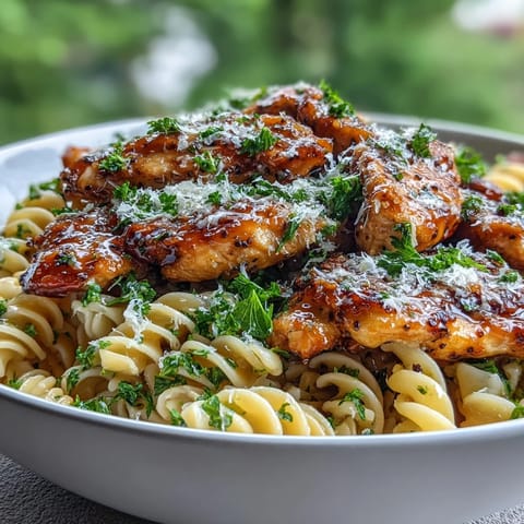 Family-style Honey Pepper Chicken Pasta with grated Parmesan, showing tender chicken strips and al dente pasta glistening with sauce.  